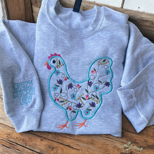 Floral Chicken Embroidered Sweatshirt