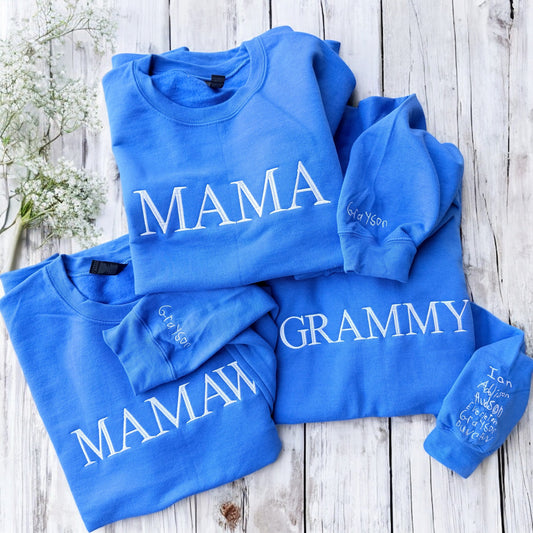 Custom Handwriting “MAMA” Embroidered Sweatshirt – Kids’ Handwritten Names on Sleeve