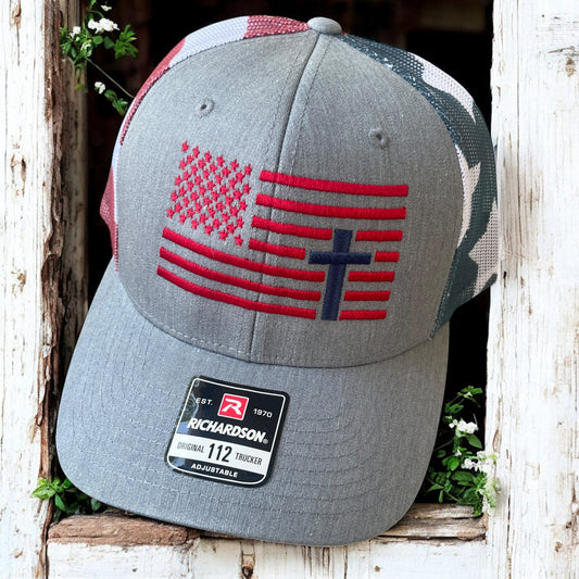 Gray Faith & Freedom Embroidered Flag Trucker Hat | Snapback