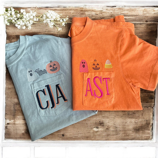 Spooky Trio Embroidered pocket monogram tee