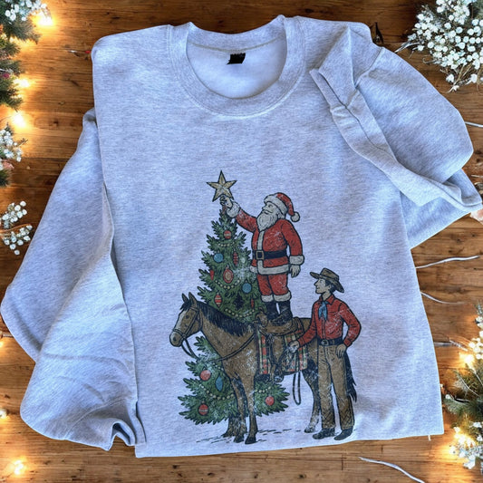 Western Santa Christmas Sweatshirt – Cowboy & Horse Holiday Crewneck