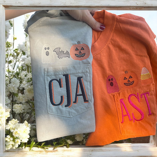 Spooky Trio Embroidered pocket monogram tee