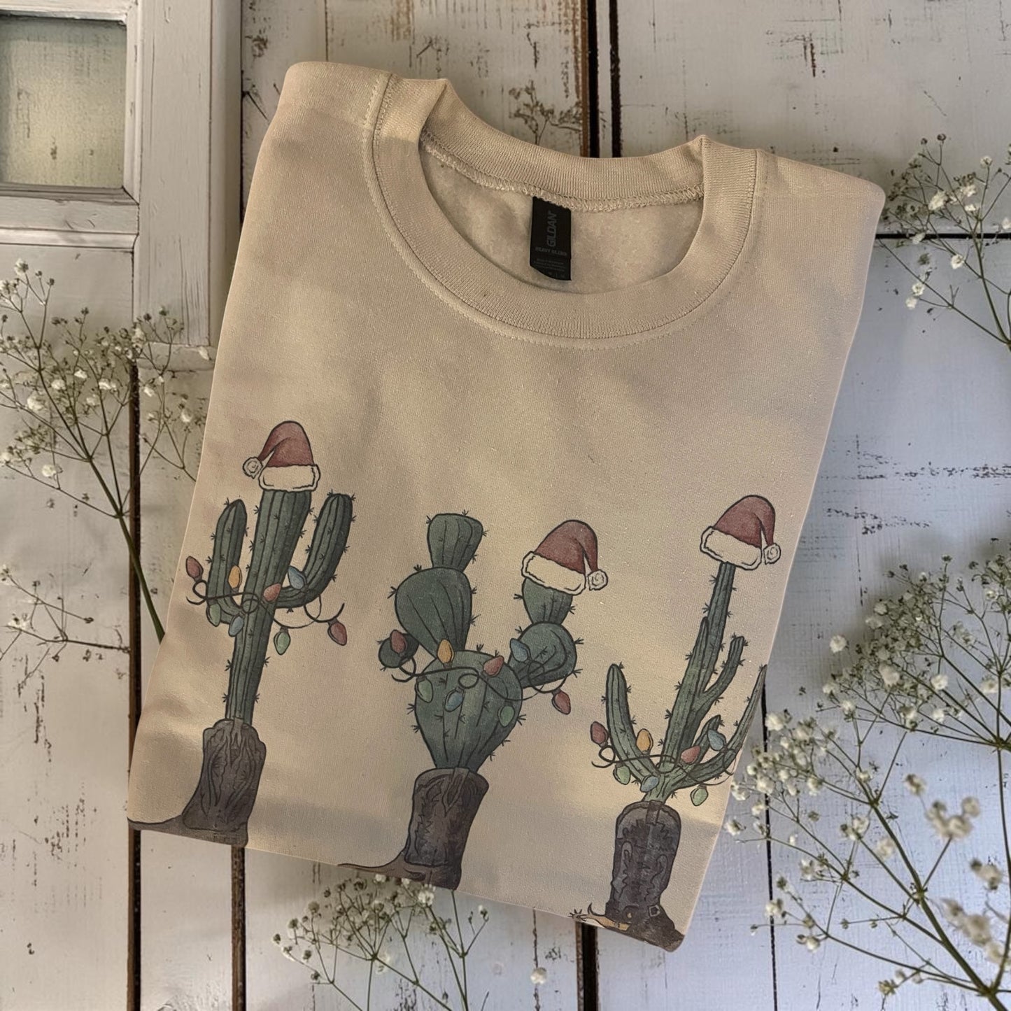Ready to ship medium Christmas cacti in boots sweatshirt