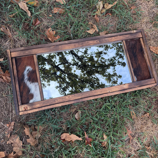 Handmade Western Cowhide & Burned Wood long Mirror