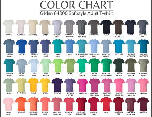 Color chart for Gildan 64000 Softstyle Adult T-shirts showing various color options.