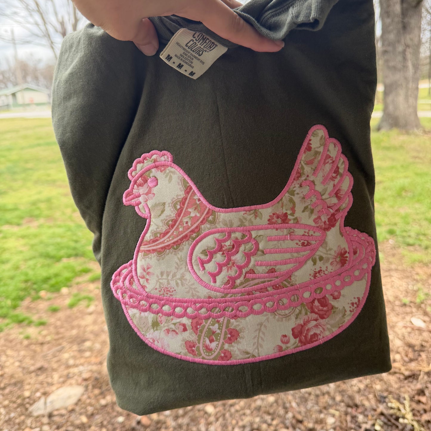 Floral Hen Embroidered Tee – Olive Shirt