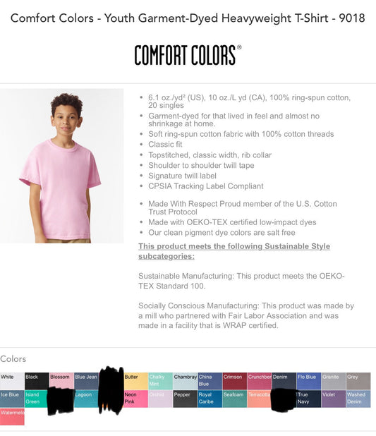 Product page for Comfort Colors youth garment-dyed heavyweight t-shirt with color options and specifications.