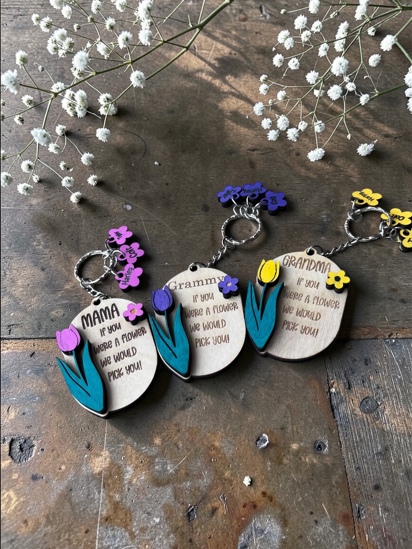 Personalized Mama / Grandma Floral Keychain