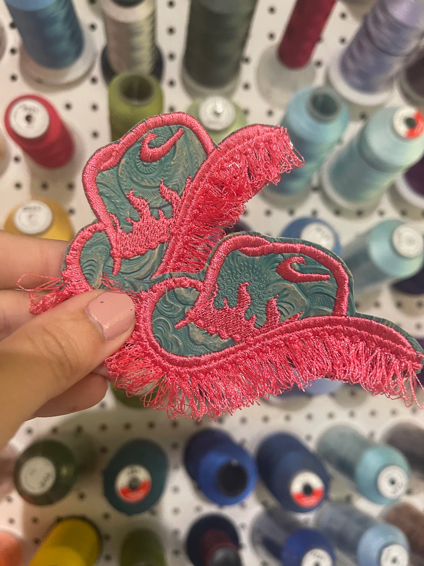 Turquoise and Pink Flame Hat Iron on embroidered patch