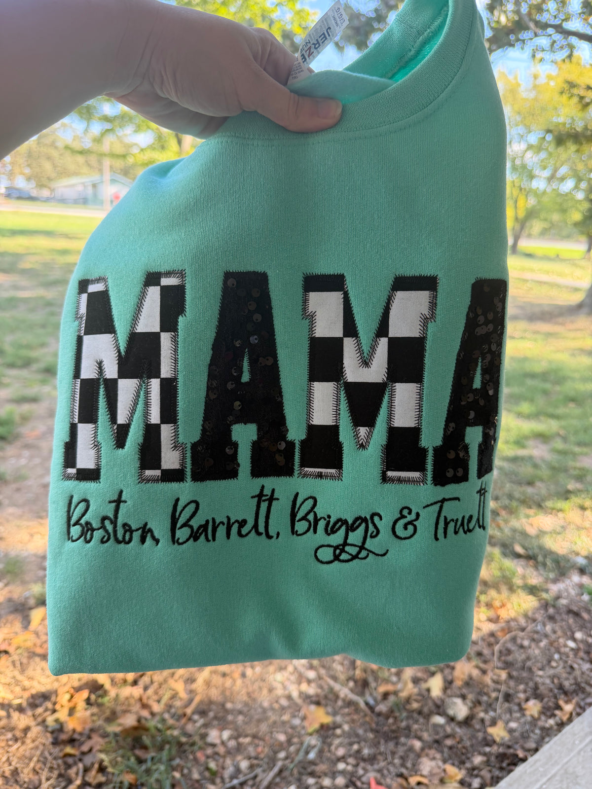 MAMA Appliqué Sweatshirt | Checker & Sequin Embroidery