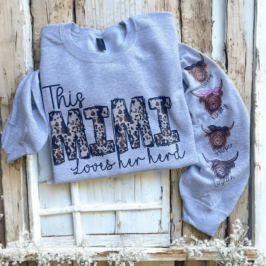 Custom Mama/Grandma Sweatshirt with Kids’ Names | Sublimated Cows on Sleeves | Personalized Gift