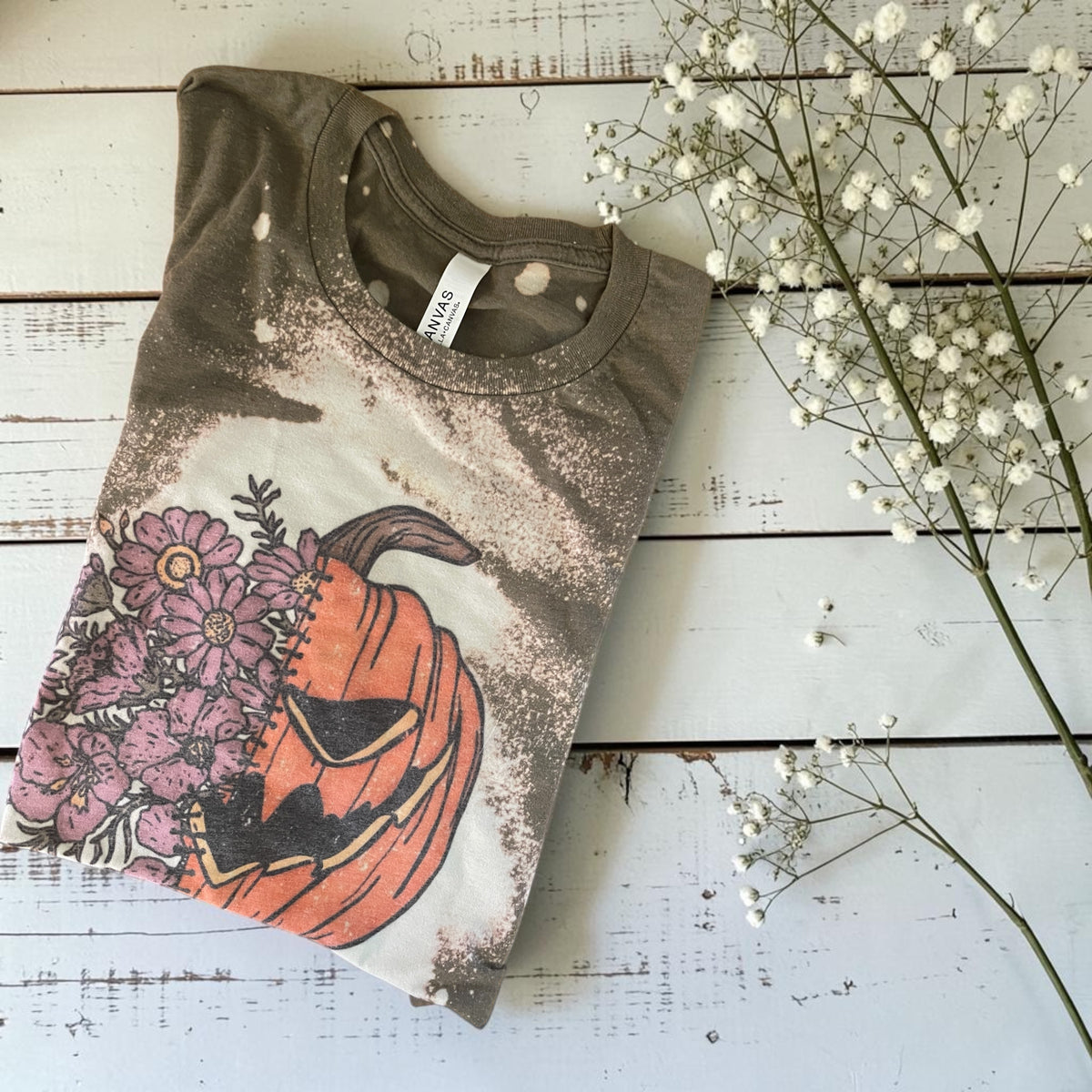Ready to ship small bleached  flower/pumpkin tee
