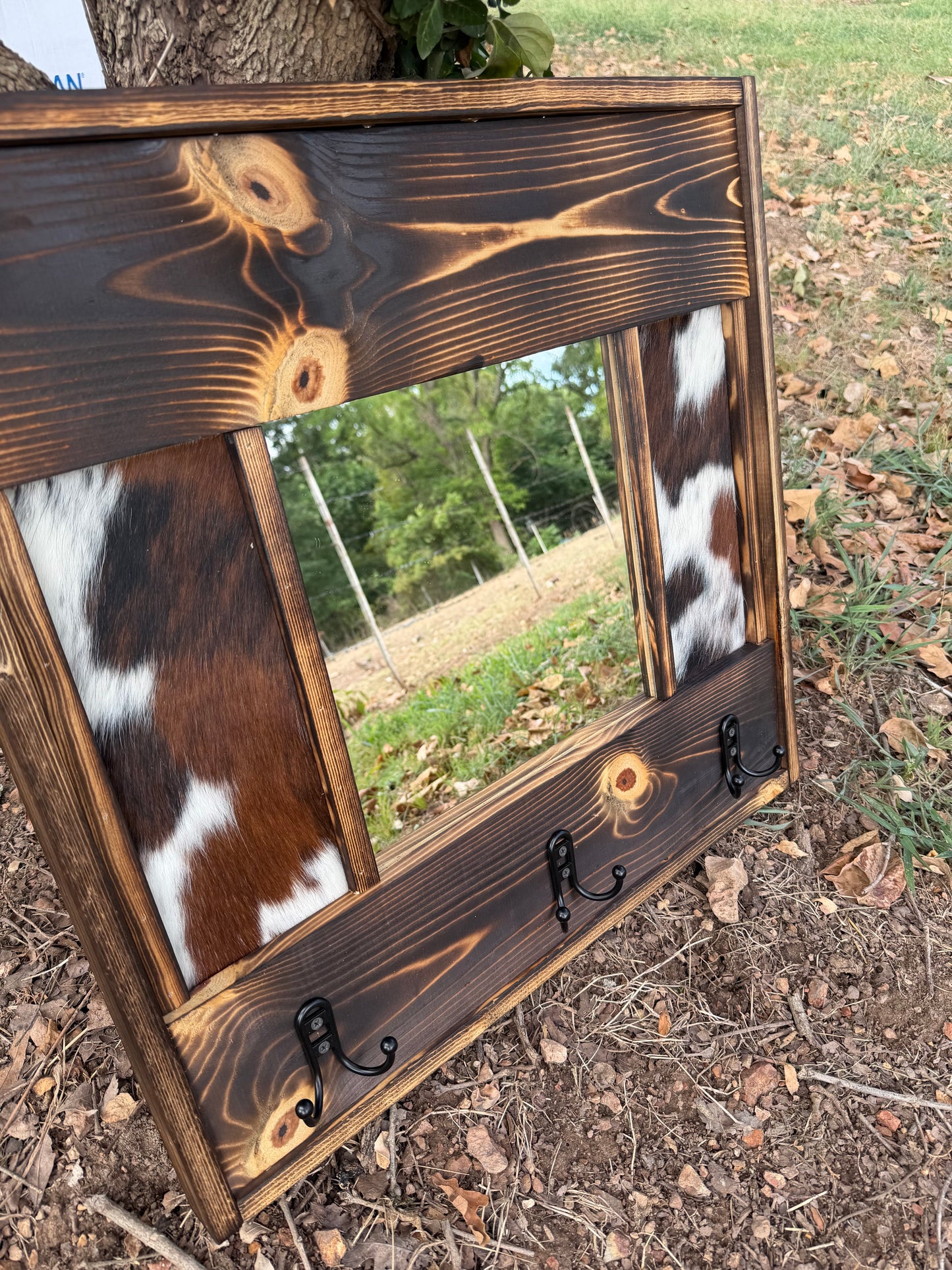 Handmade Western Cowhide Mirror with hooks