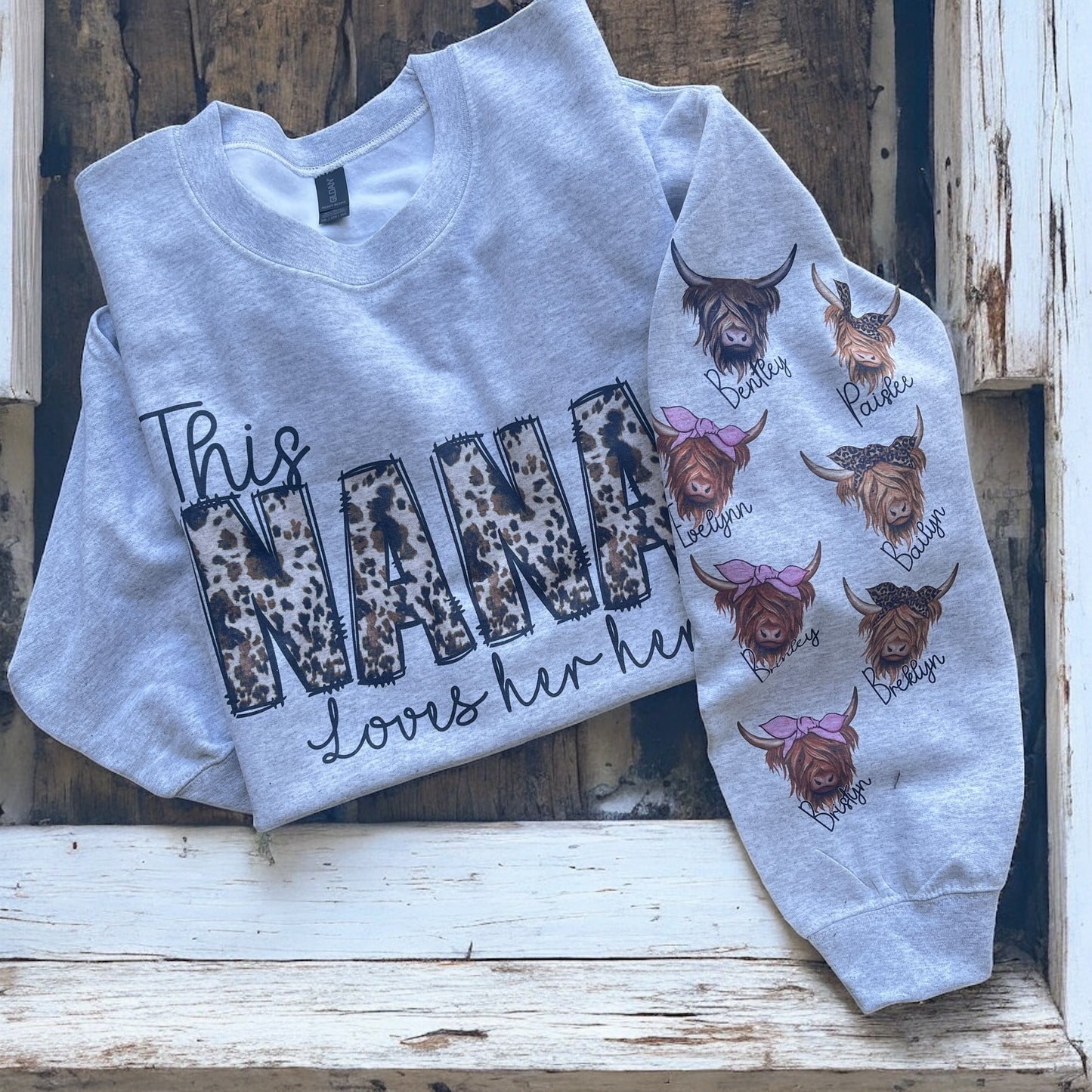 Custom Mama/Grandma Sweatshirt with Kids’ Names | Sublimated Cows on Sleeves | Personalized Gift