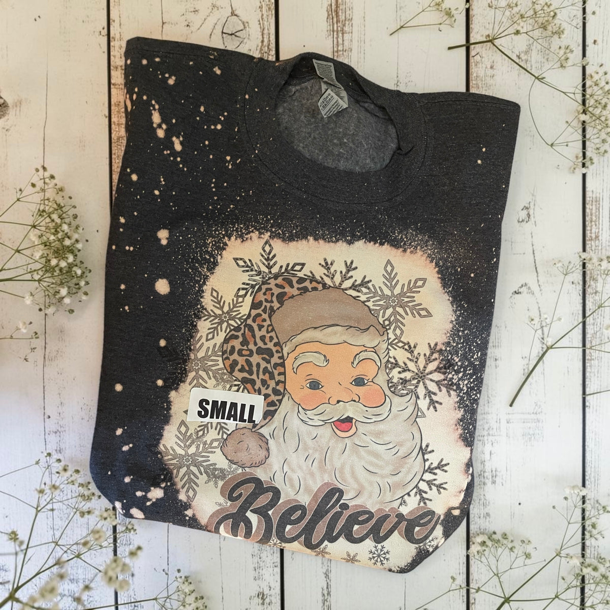 Ready to ship small bleached Santa Claus believe sweatshirt