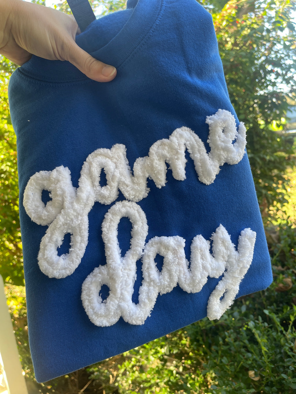 Blue t-shirt with white text held in front of a green outdoor background