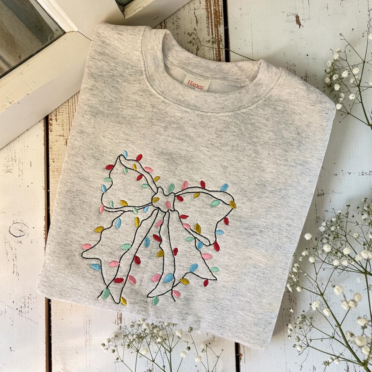 Ready to ship small Christmas light bow sweatshirt