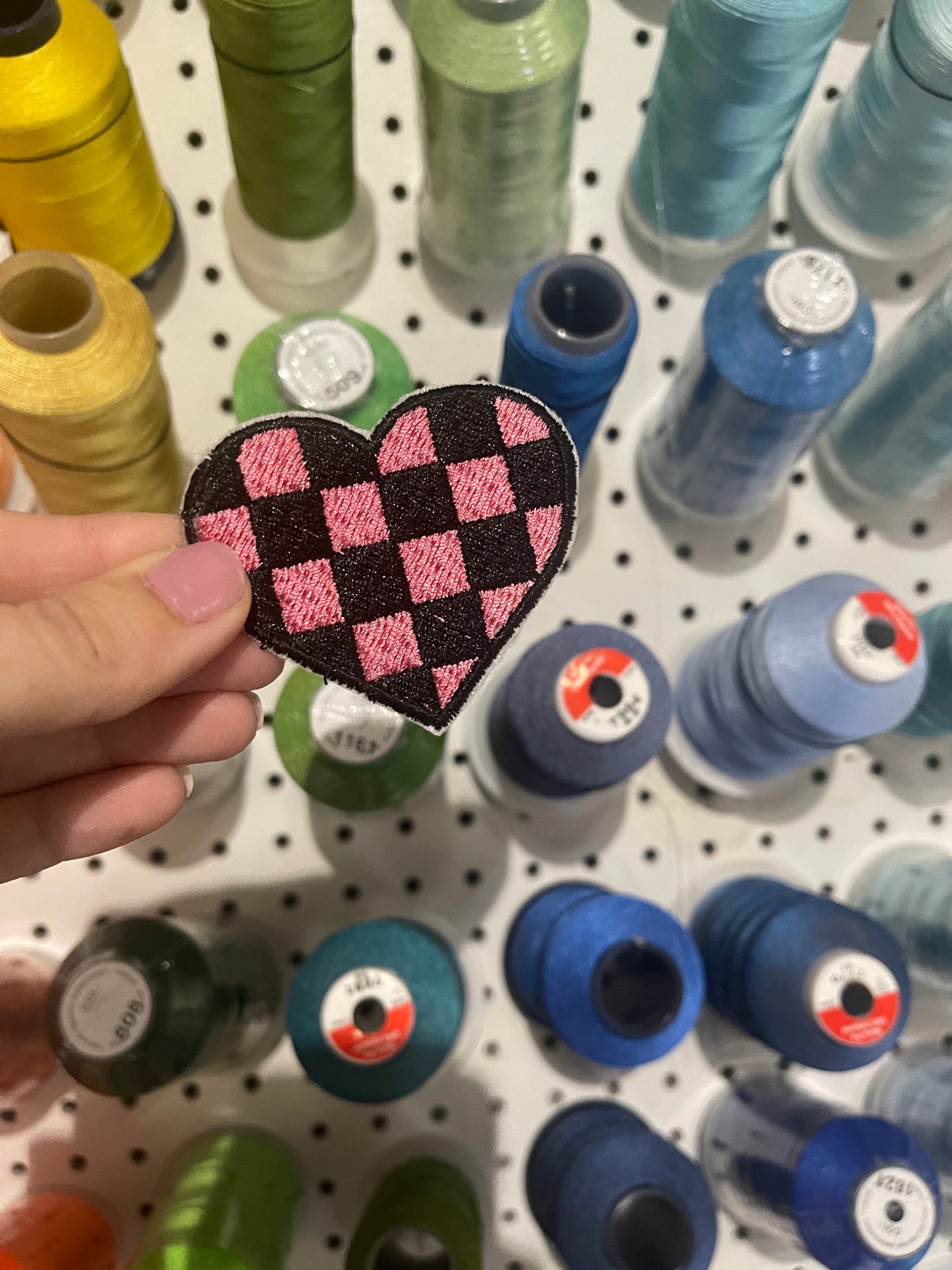 Checkered heart Iron on embroidered patch