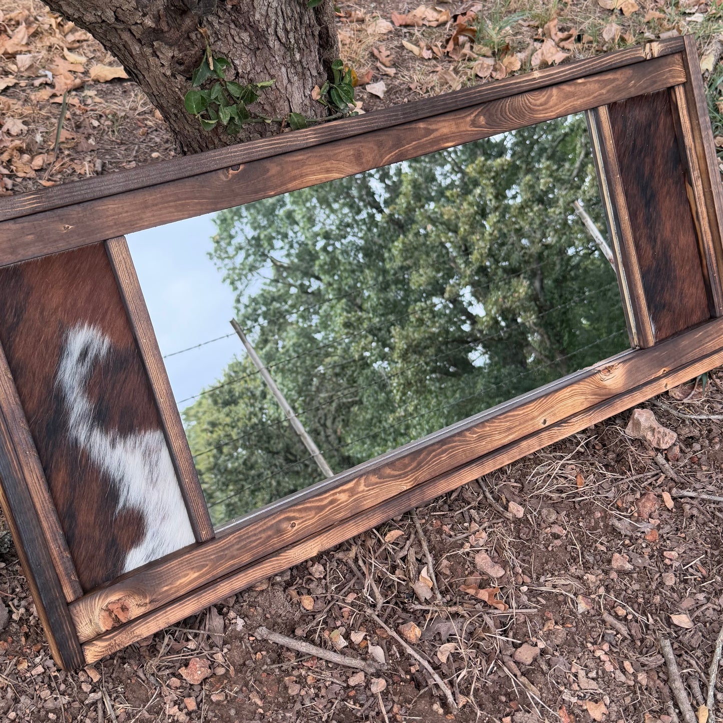 Handmade Western Cowhide & Burned Wood long Mirror