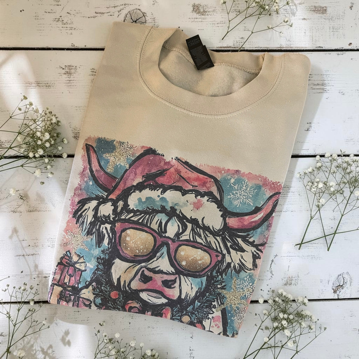 Ready to ship small Christmas highland cow sweatshirt