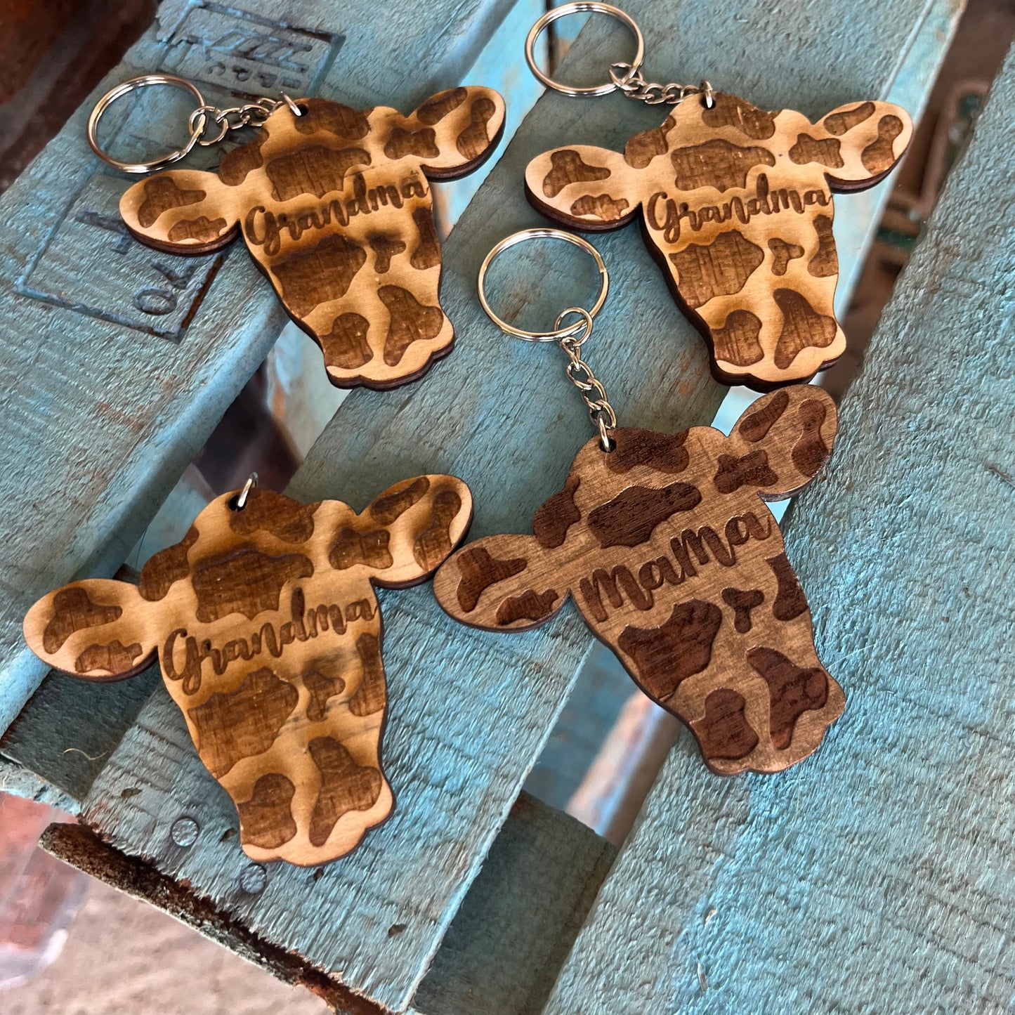 Engraved cow print keychain