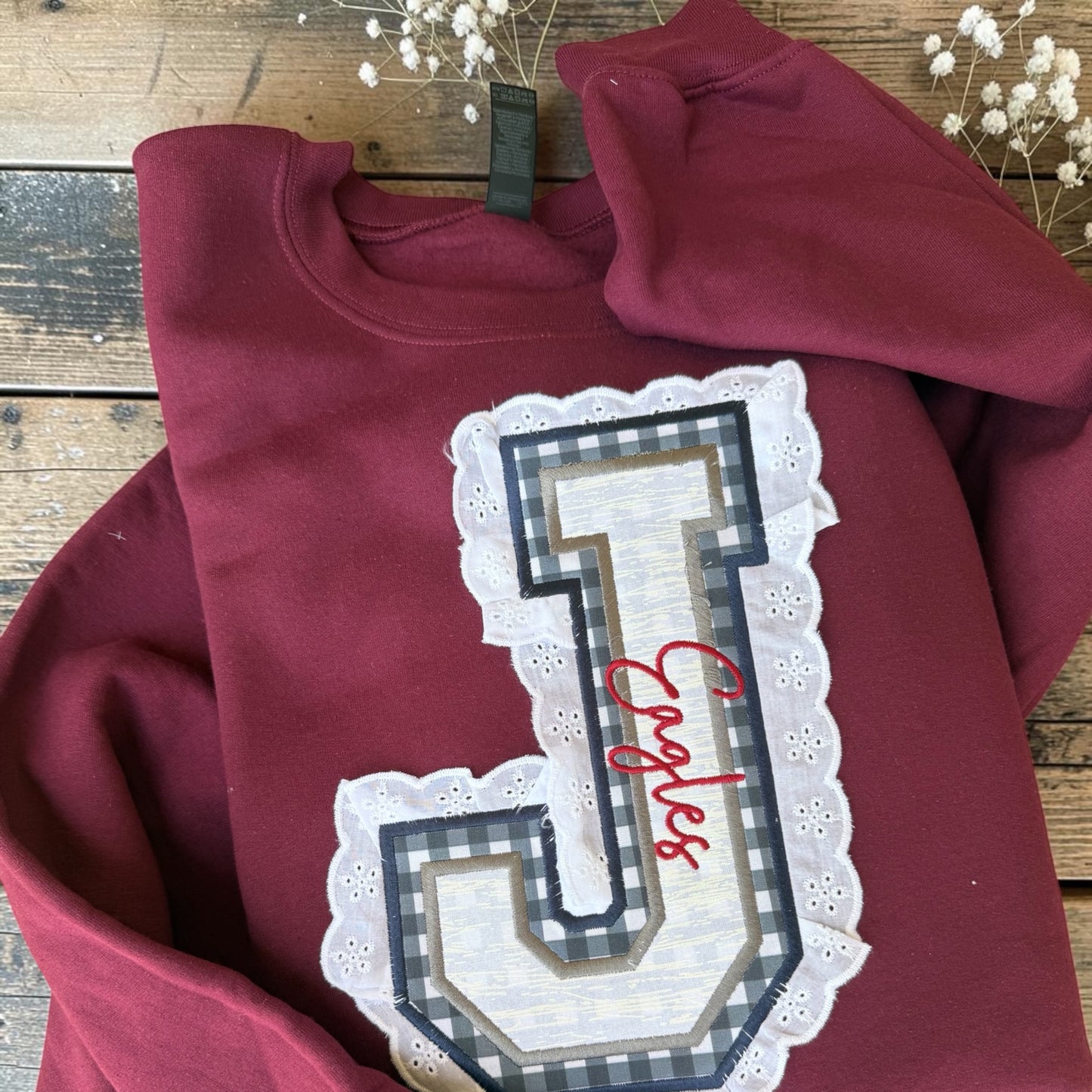 Custom School Spirit Lace and Gingham Appliqué Sweatshirt