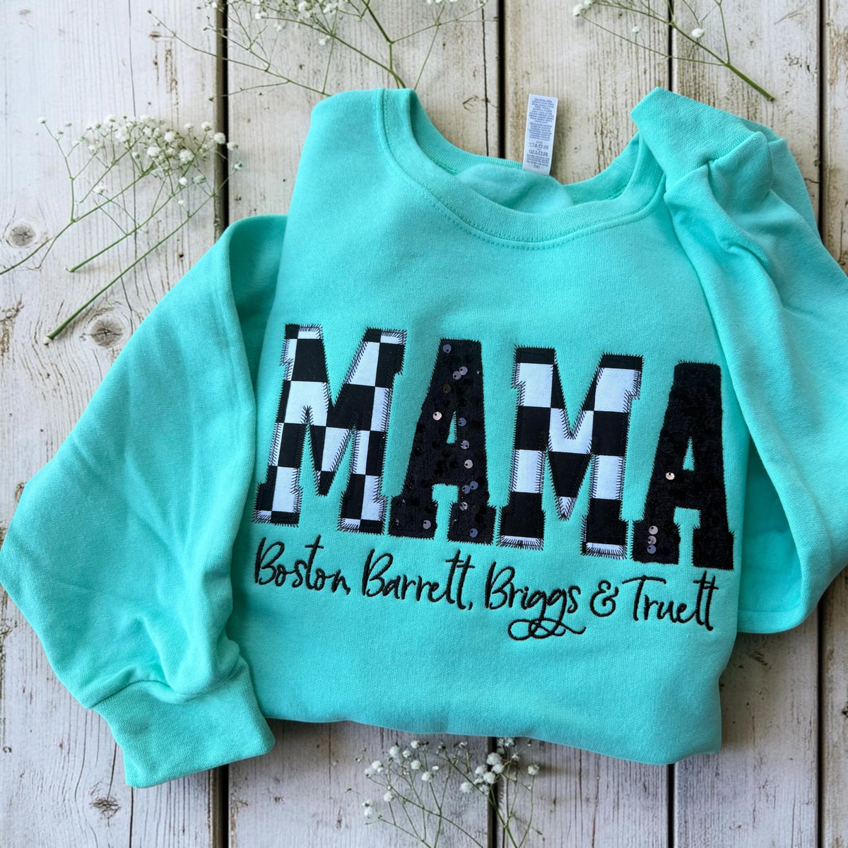 MAMA Appliqué Sweatshirt | Checker & Sequin Embroidery