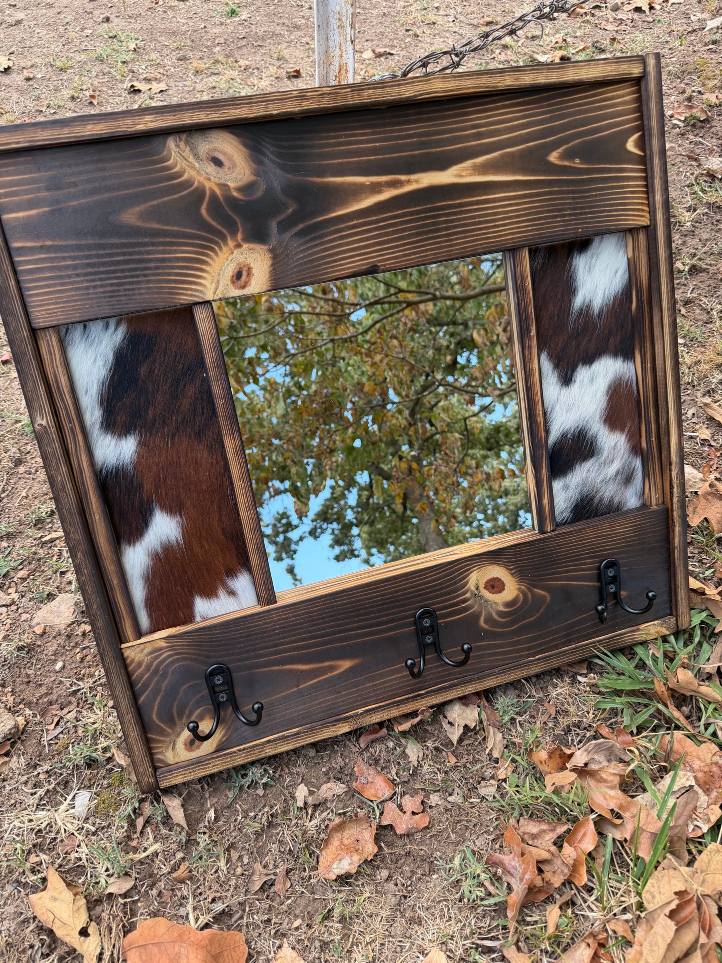 Handmade Western Cowhide Mirror with hooks