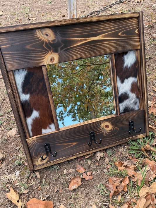 Handmade Western Cowhide Mirror with hooks