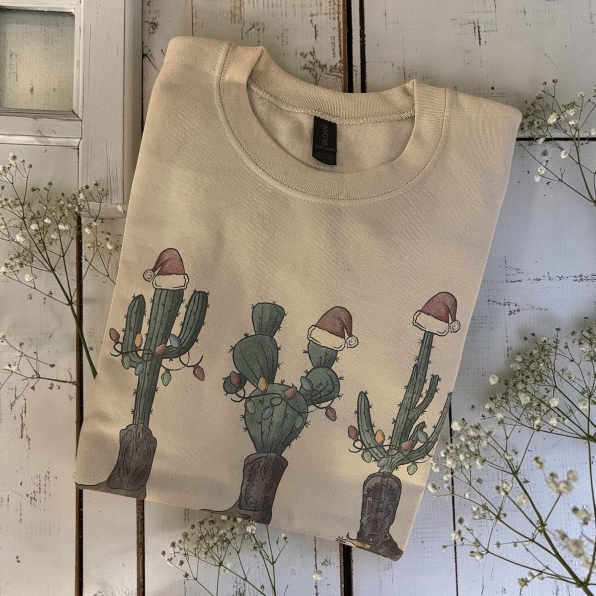 Ready to ship medium Christmas cacti in boots sweatshirt