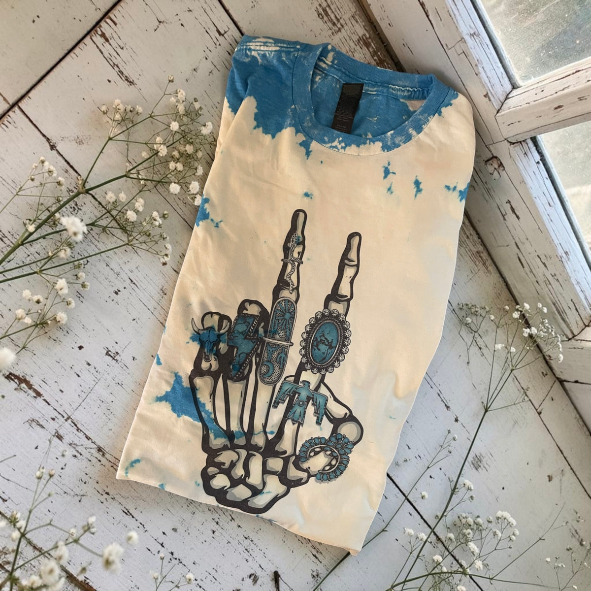 Ready to ship small tie-die western skeleton hand turquoise
