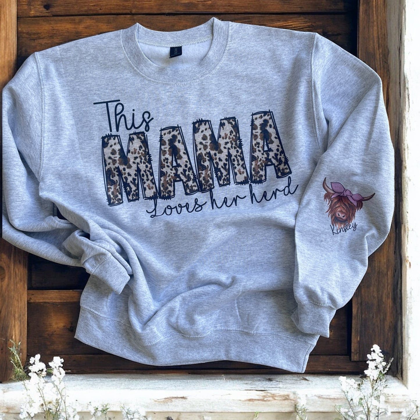 Custom Mama/Grandma Sweatshirt with Kids’ Names | Sublimated Cows on Sleeves | Personalized Gift