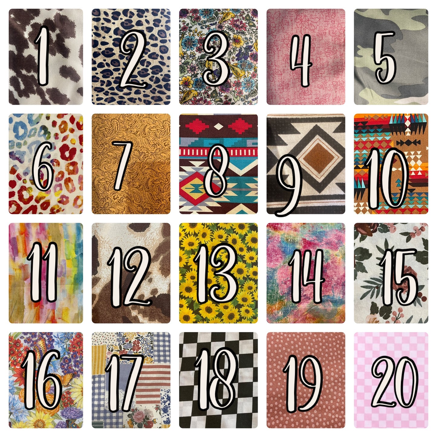 Numbers 1 to 20 on various patterned backgrounds