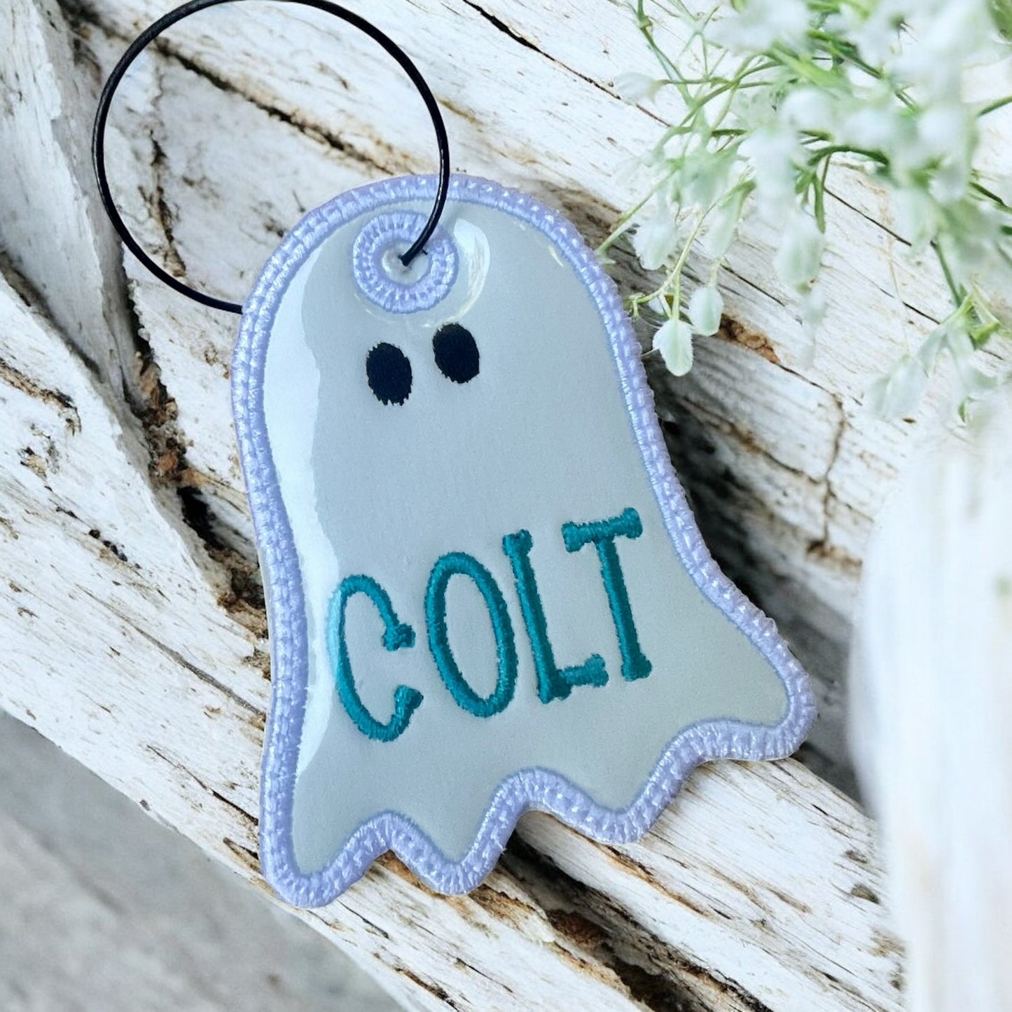 Ghost embroidered bag tags