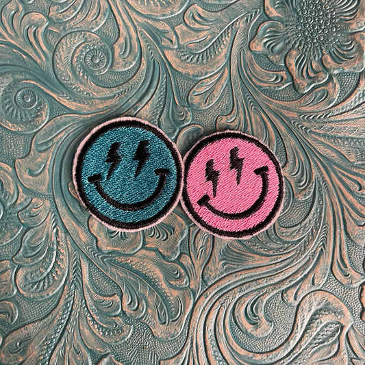 Smiley lightning bolts iron on patch