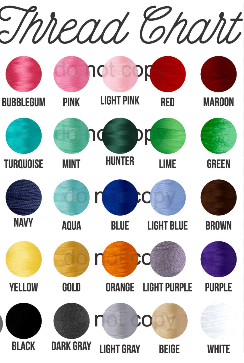 Color chart with various thread color swatches labeled from top to bottom and left to right.