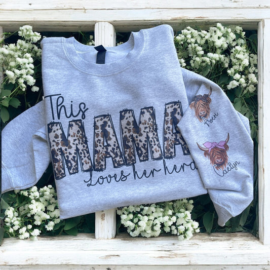 Custom Mama/Grandma Sweatshirt with Kids’ Names | Sublimated Cows on Sleeves | Personalized Gift