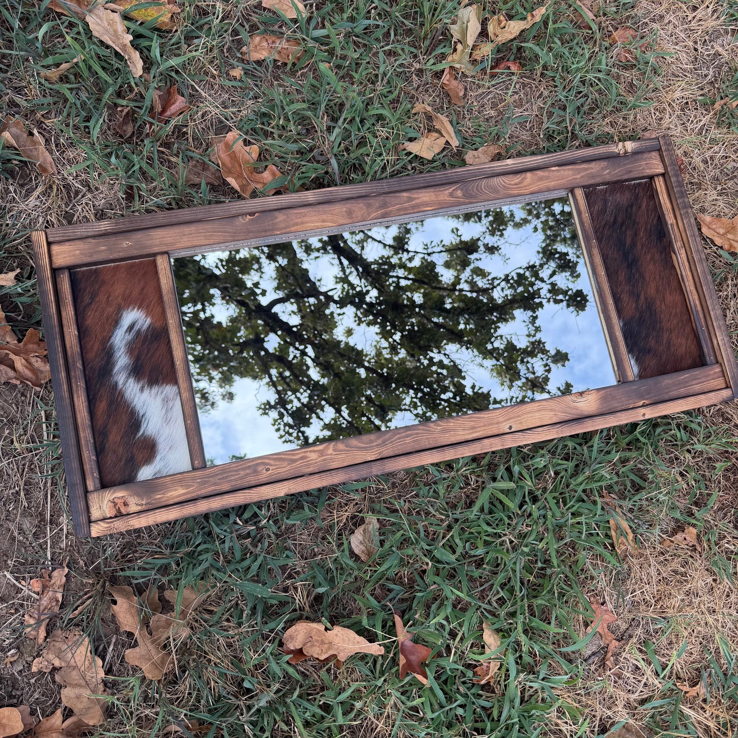 Handmade Western Cowhide & Burned Wood long Mirror