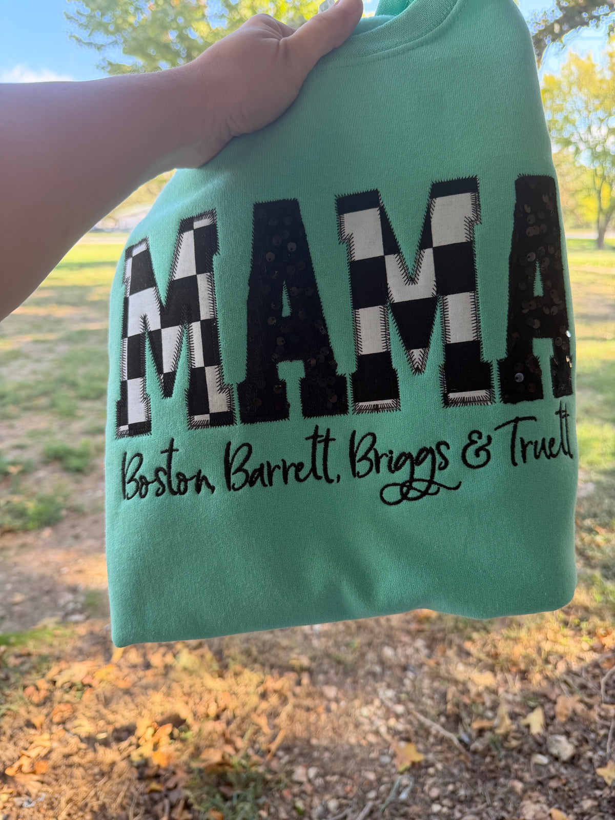 MAMA Appliqué Sweatshirt | Checker & Sequin Embroidery