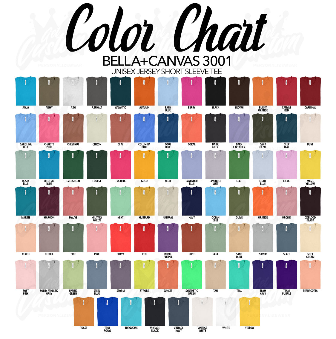 Color chart for Bella+Canvas 3001 t-shirts showing various colors.