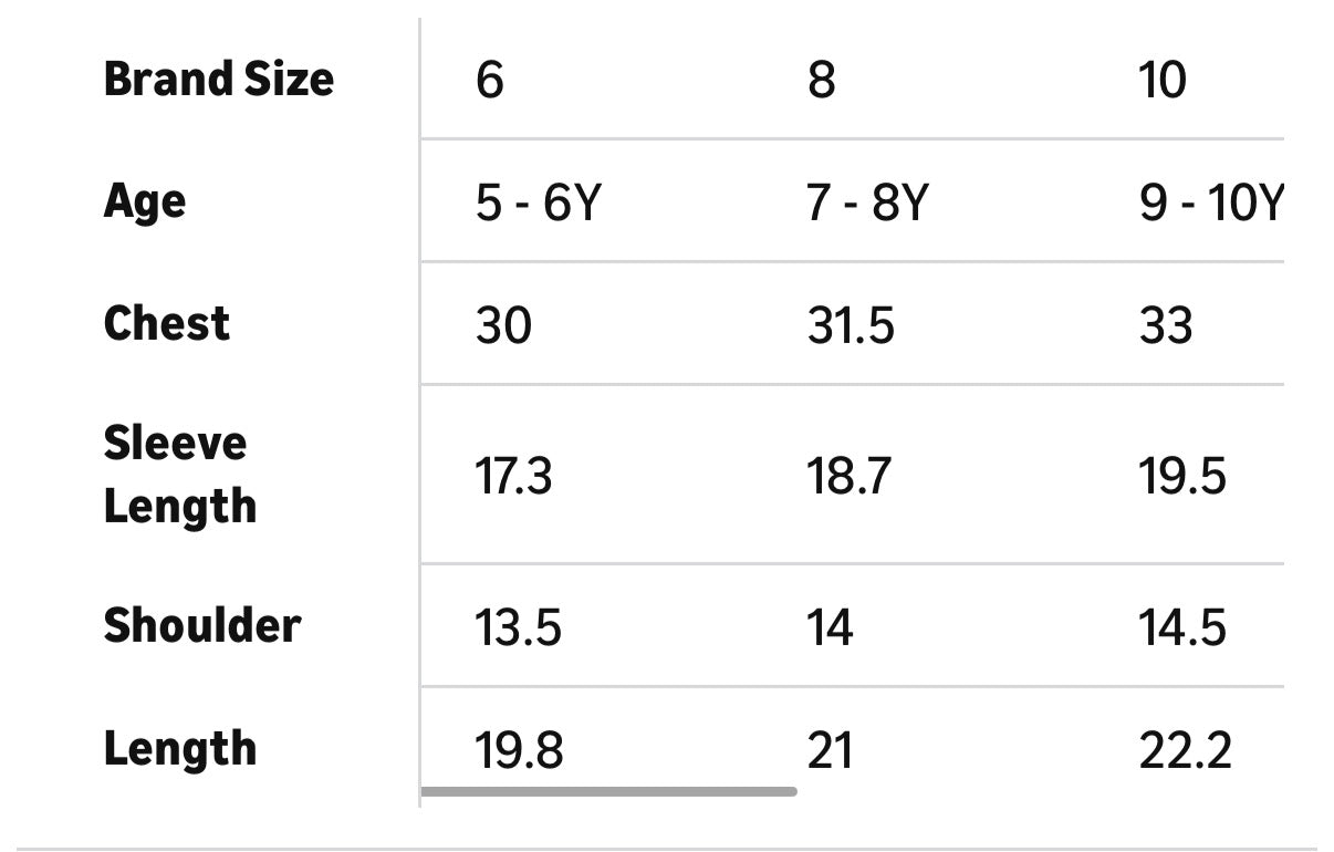 Table showing size chart for children's clothing with brand size, age, chest, sleeve length, shoulder, and length measurements.