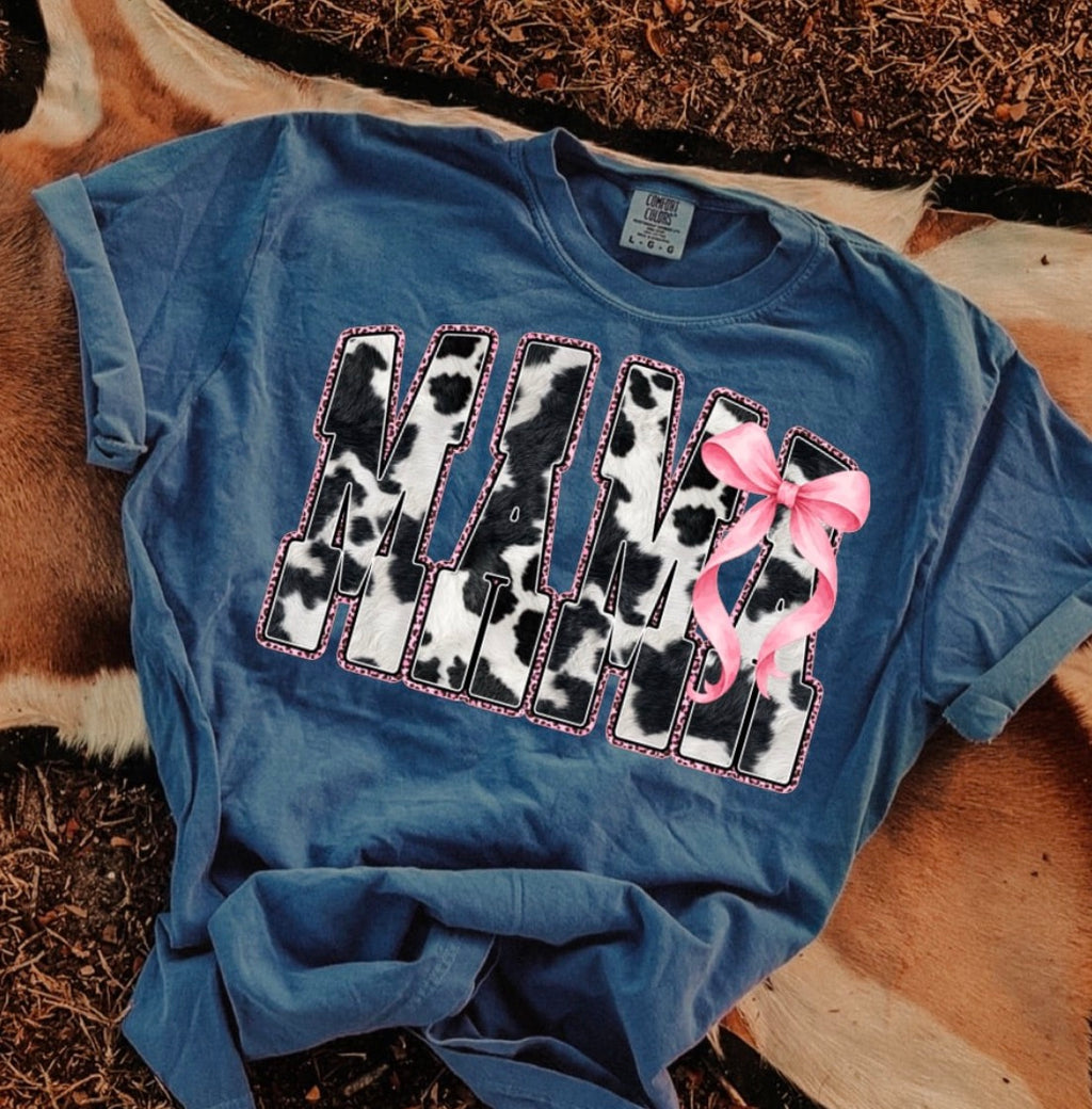 Cow Print Name Graphic Tee with Pink Bow