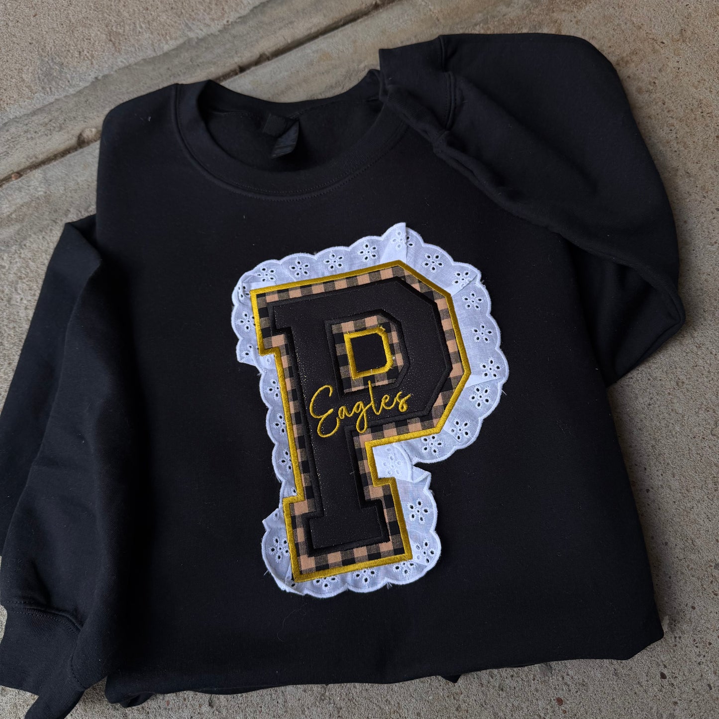 Custom School Spirit Lace and Gingham Appliqué Sweatshirt