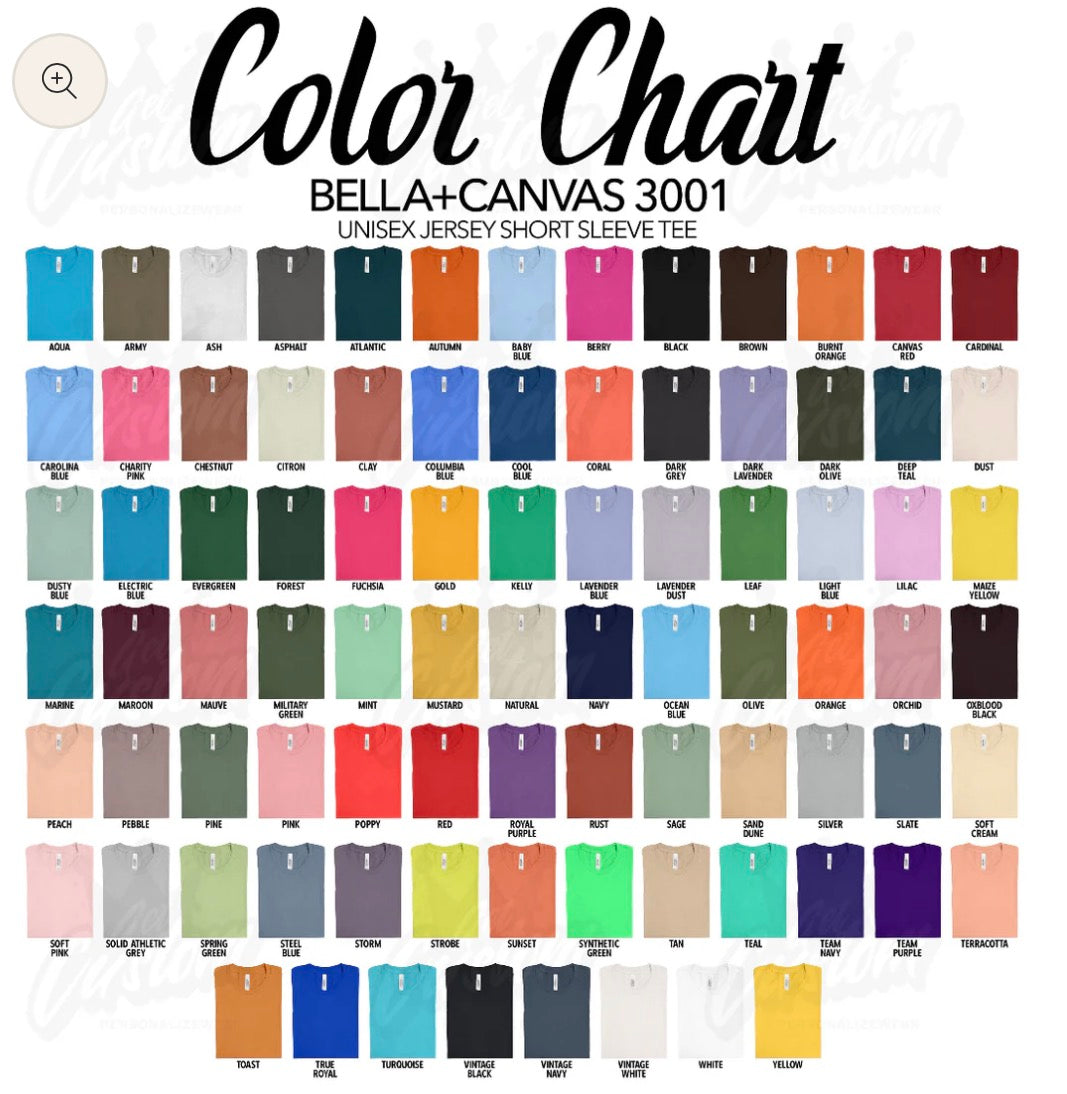 Color chart for Bella+Canvas 3001 unisex jersey short sleeve tees with various colors.