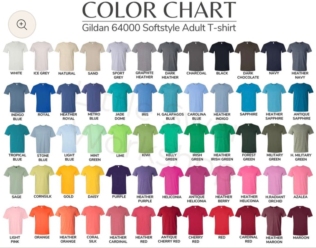 Color chart for Gildan 64000 Softstyle Adult T-shirts showing various colors.