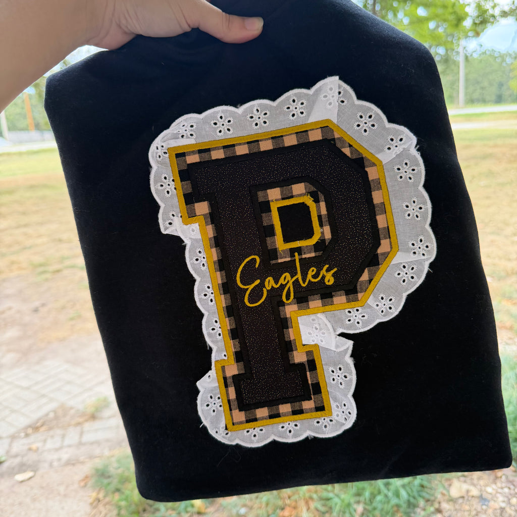 Custom School Spirit Lace and Gingham Appliqué Sweatshirt