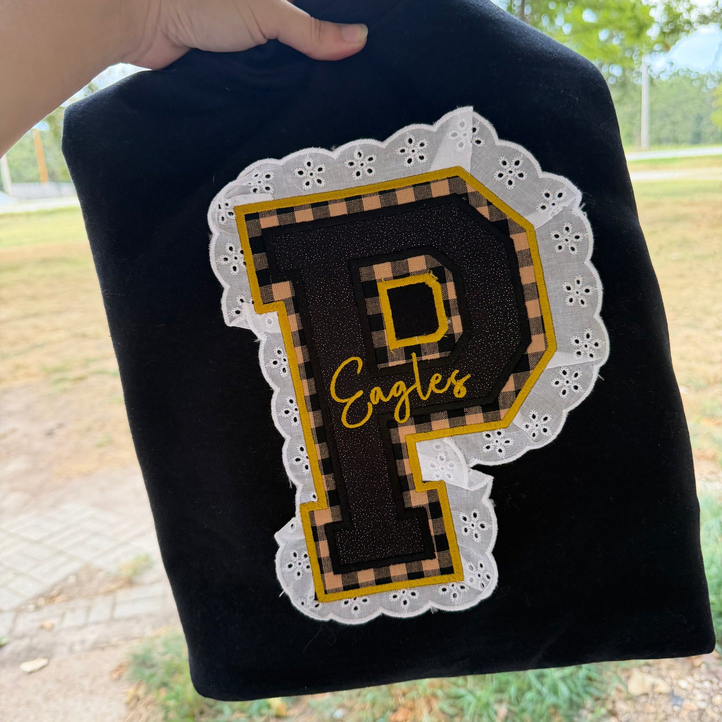Custom School Spirit Lace and Gingham Appliqué Sweatshirt