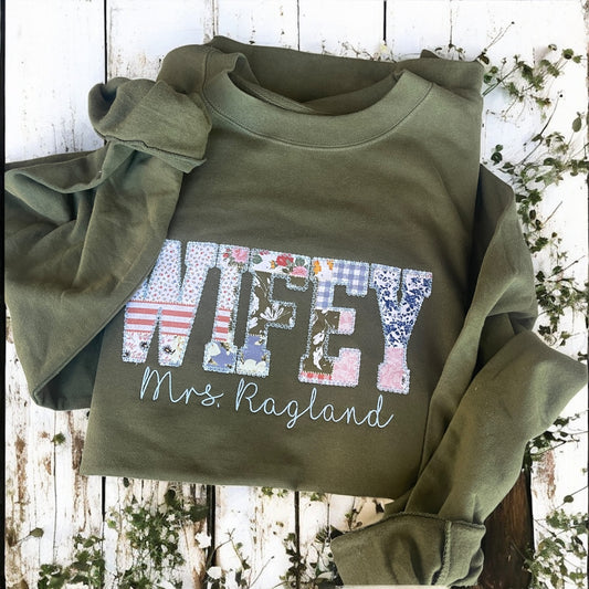 Floral Patchwork WIFEY Sweatshirt – Personalized Mrs. Crewneck