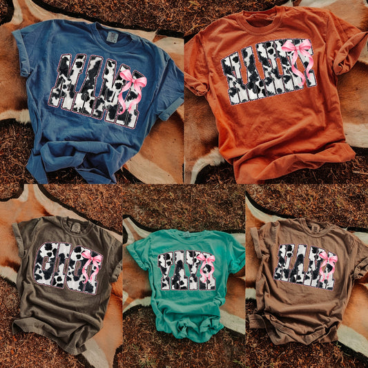 Cow Print Name Graphic Tee with Pink Bow