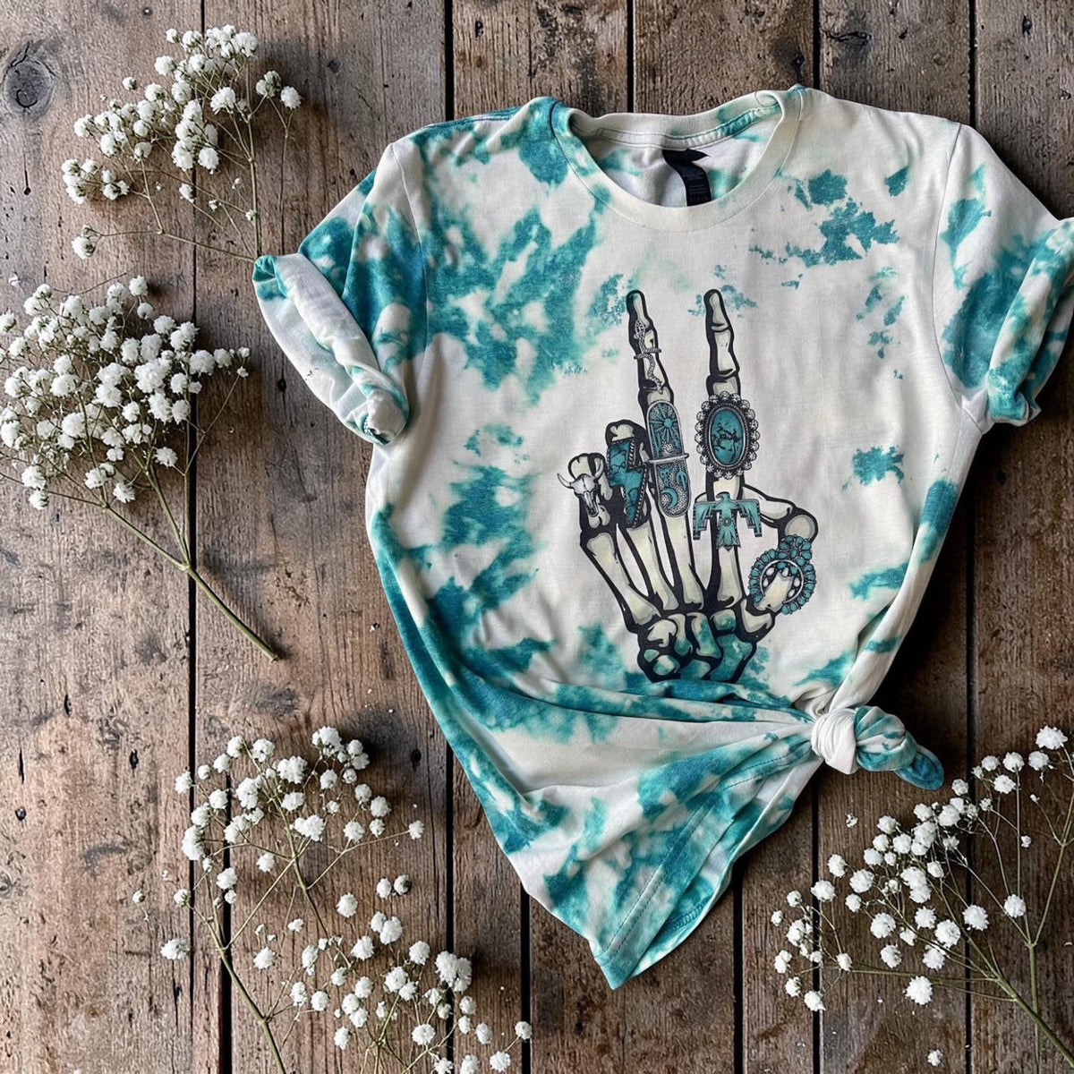 Turquoise Western Skeleton Hand Tee | Hand Bleached Sublimated Graphic Shirt